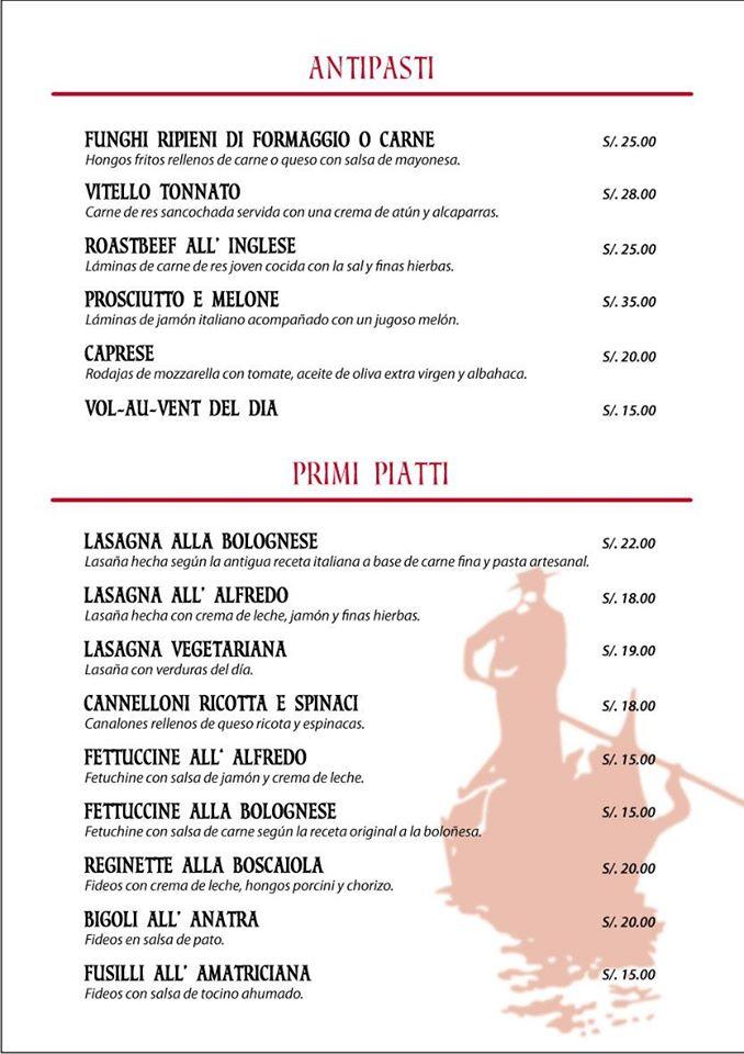 Menu at La Góndola restaurant, Lima