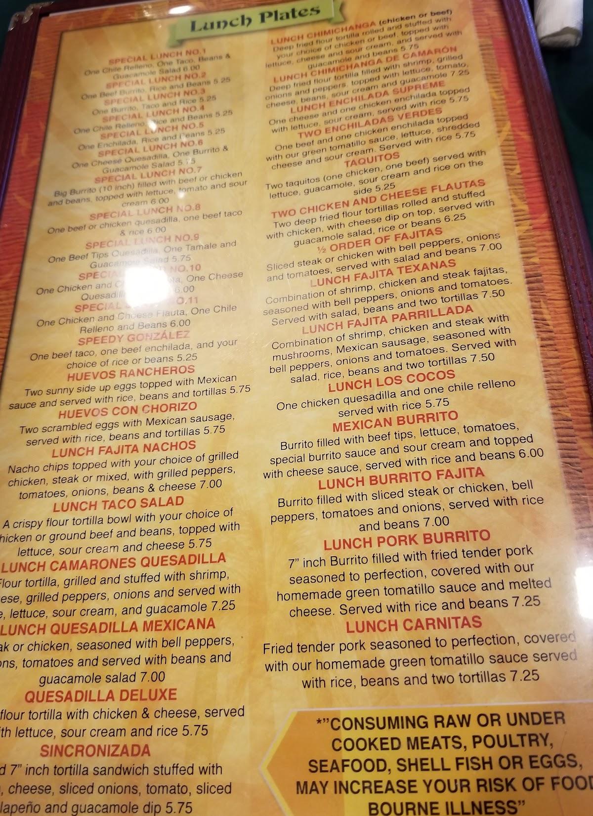 Menu at Los Cocos restaurant, South Hill