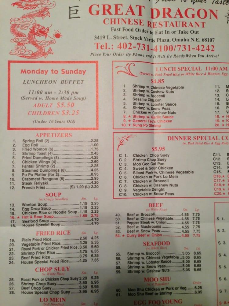 Menu at Great Dragon restaurant, Omaha