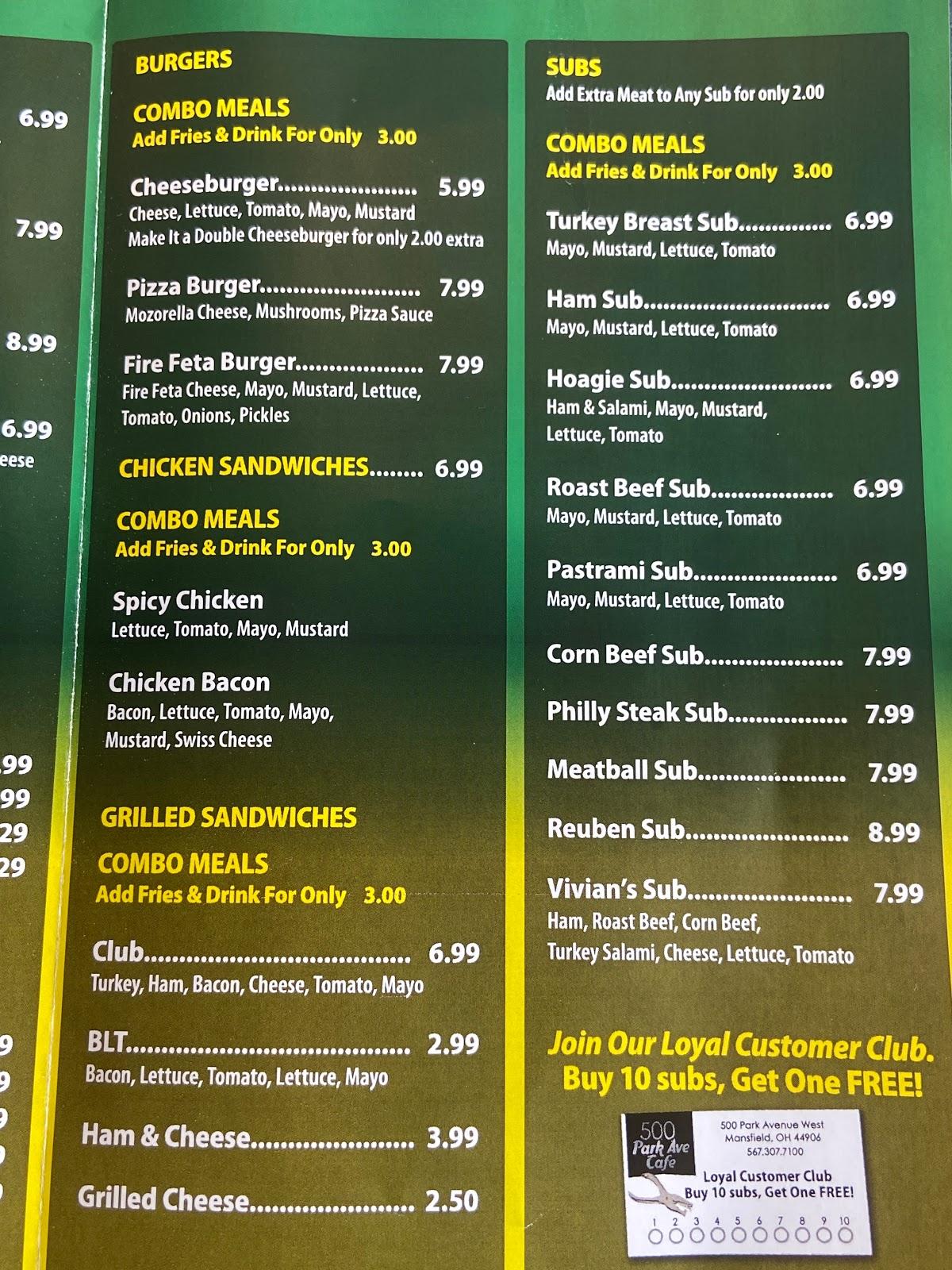 Menu At Park Avenue Cafe Mansfield