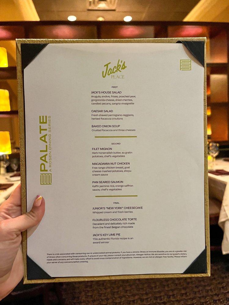 Menu at Jack's Place steakhouse, Orlando, International Dr