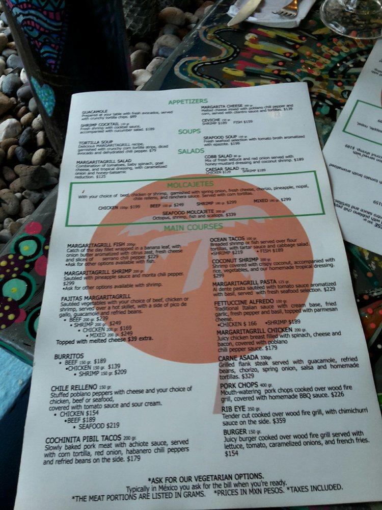 Menu at Margarita Grill restaurant, Puerto Vallarta