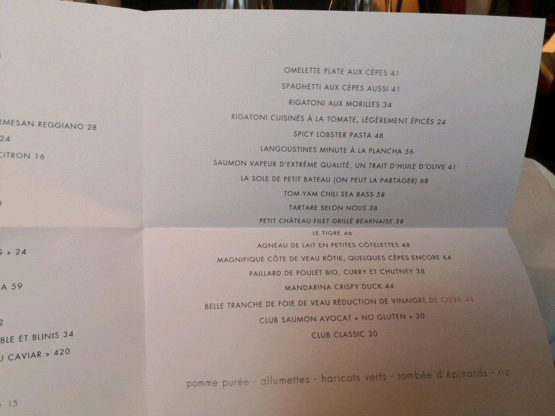 Menu at Costes pub & bar, Paris, 7 Rue de Castiglione