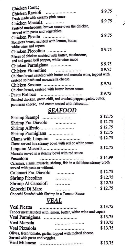 Menu at Piccolino restaurant, Artesia