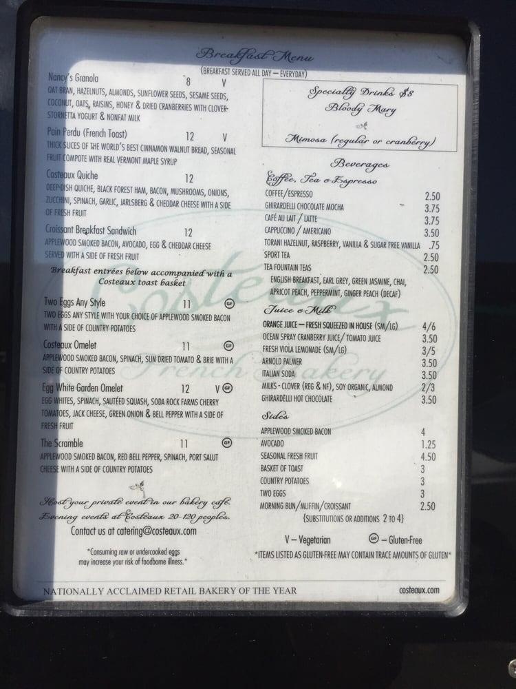 Menu at Costeaux French Bakery, Healdsburg