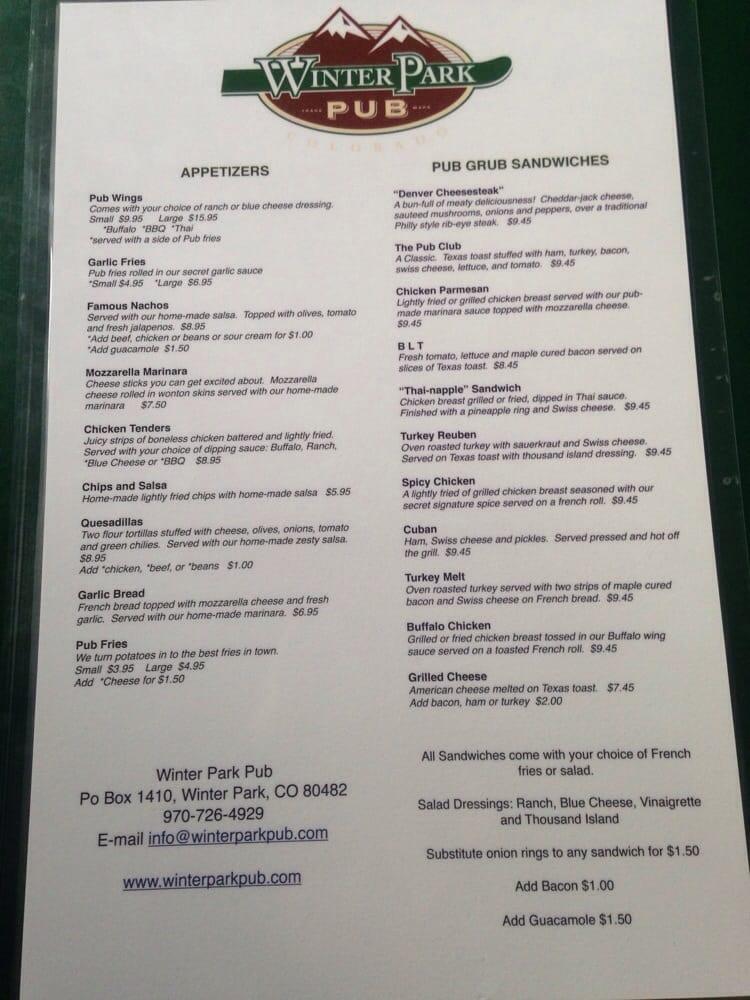 Winter Park Pub Menu