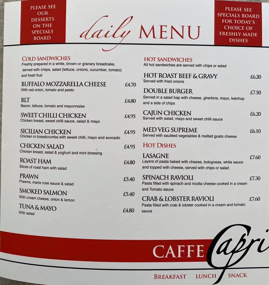 Menu at Caffe Capri - Horbury cafe, Wakefield