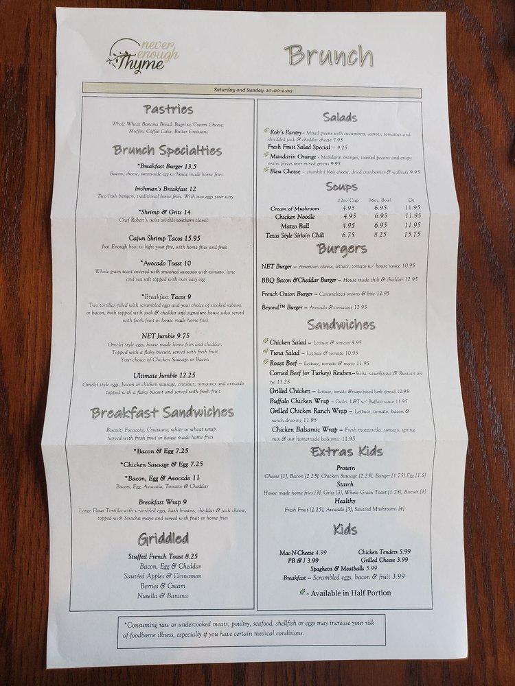 Menu at Never Enough Thyme Halcyon cafe, Alpharetta, Town Square Suite 1250