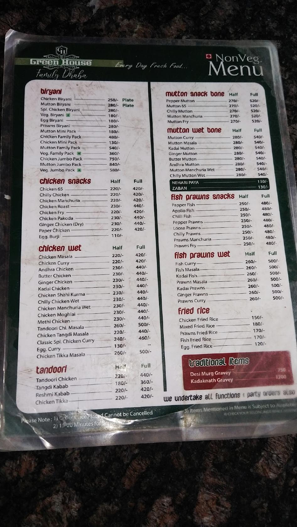 Menu at Green House Family Dhaba, India, Plot number 54