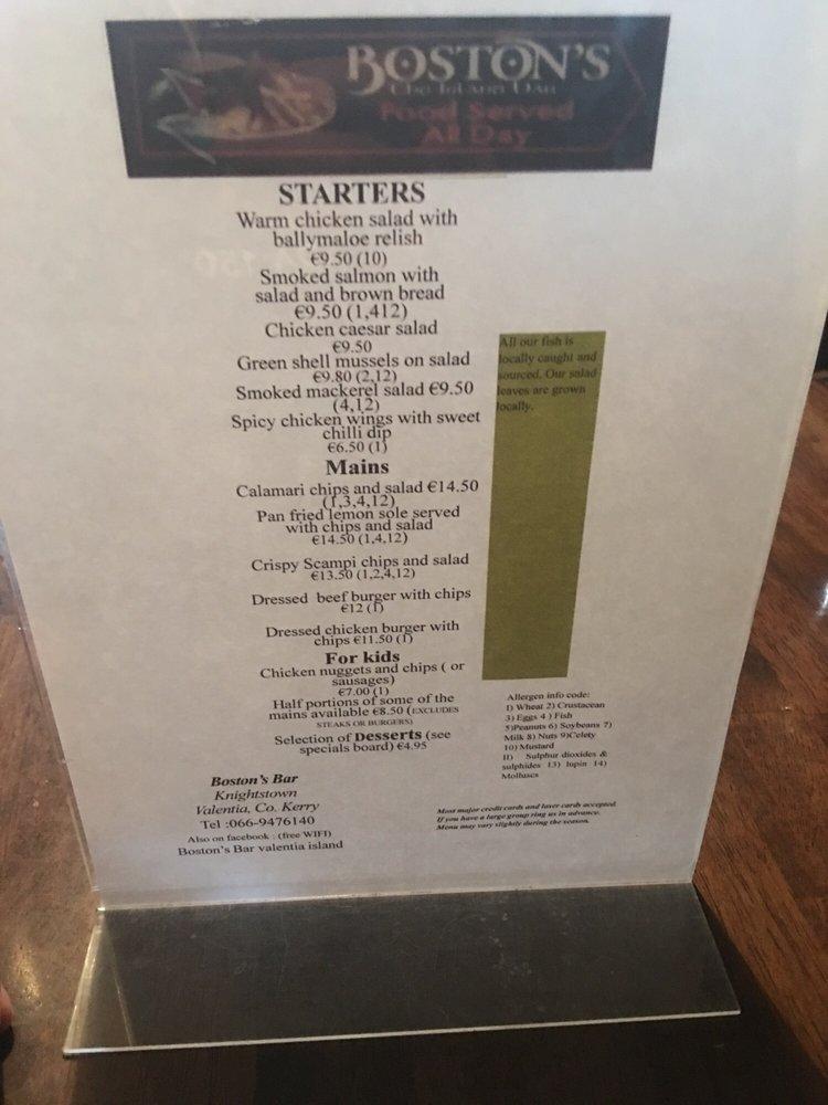 Menu at Boston's Bar, Ireland
