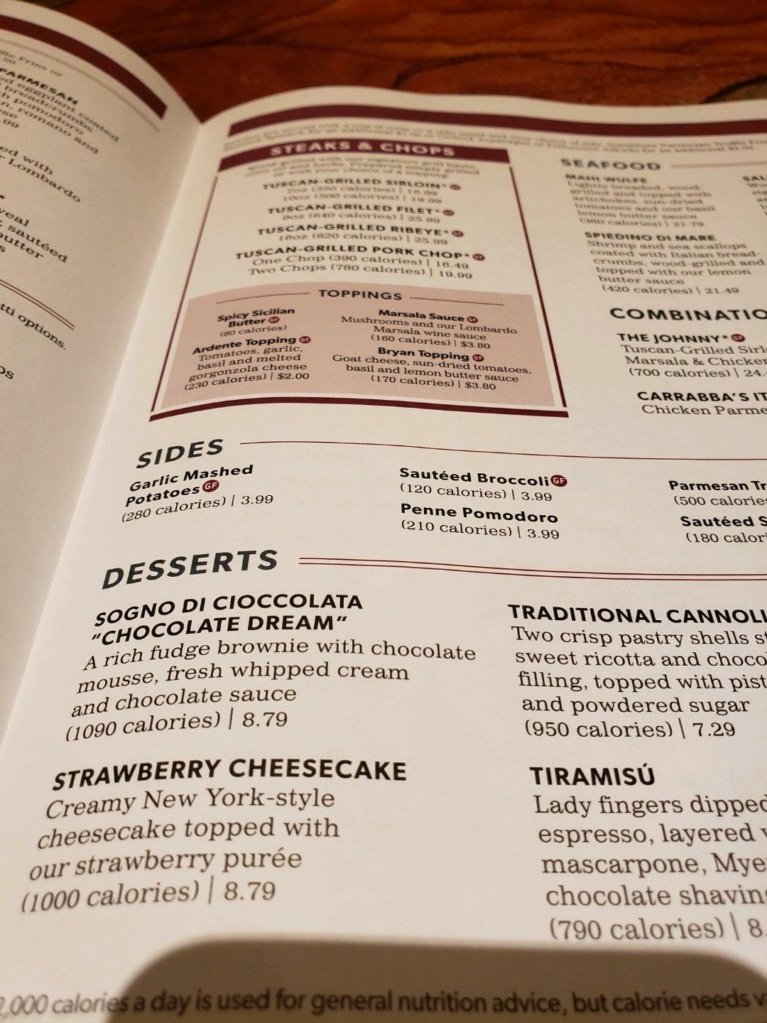 Menu at Carrabba's Italian Grill restaurant, Independence, E Valley