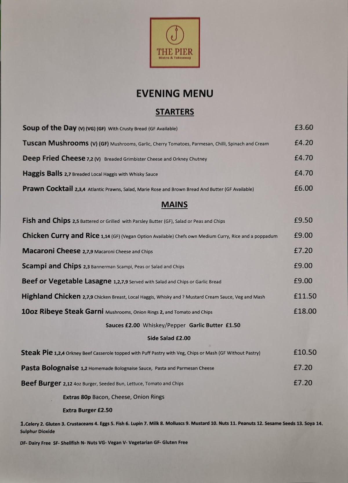 Menu at The Pier Bistro & Takeaway cafe, Stromness