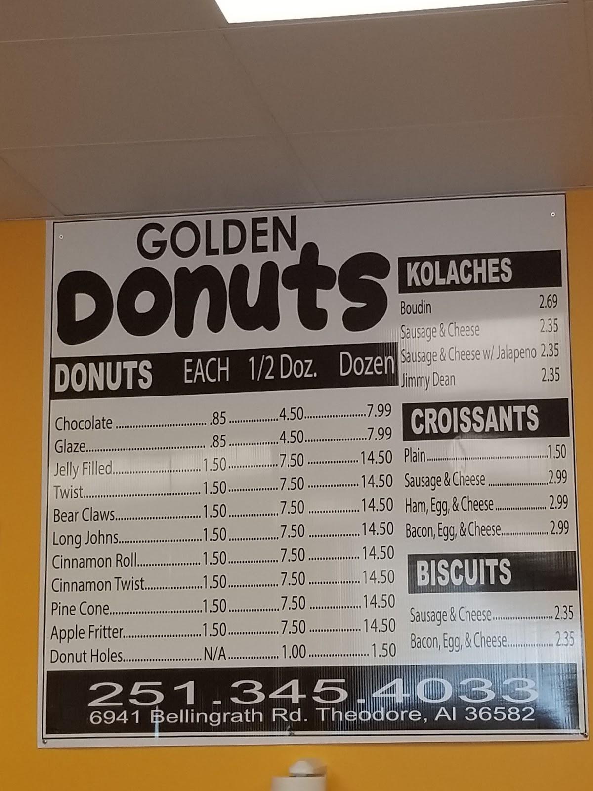 Menu at Golden Donuts, Theodore