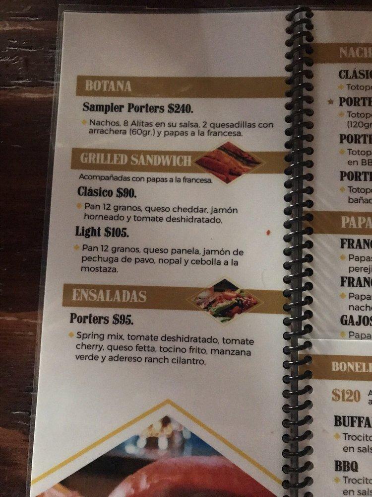 Menu at Porters Sport Bar, Tijuana, Corales 359