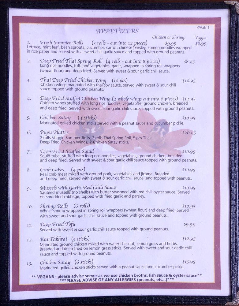 Menu at Orchid Thai Cuisine restaurant, KailuaKona