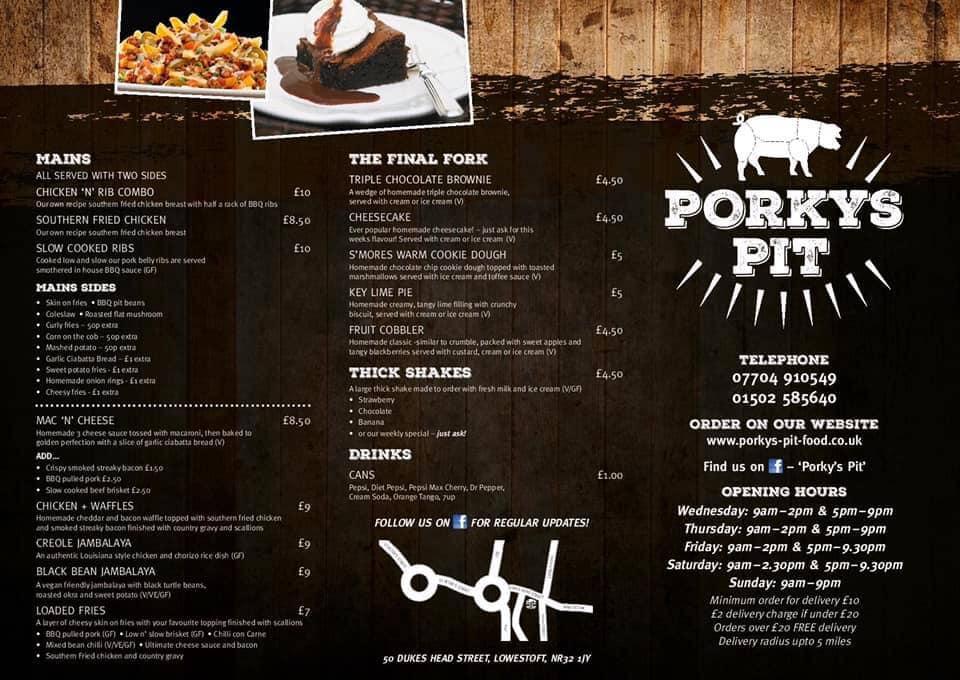 Menu at Porky's Pit restaurant, Lowestoft, 50 Dukes Head Street