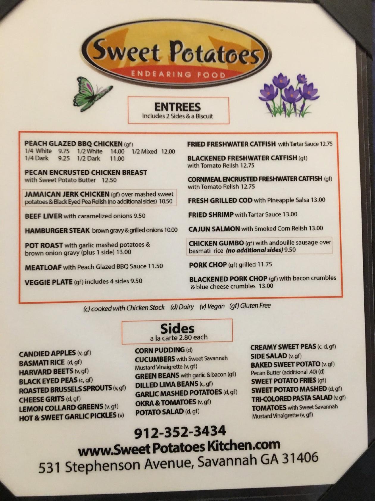 Menu at Sweet Potatoes Kitchen restaurant, Savannah