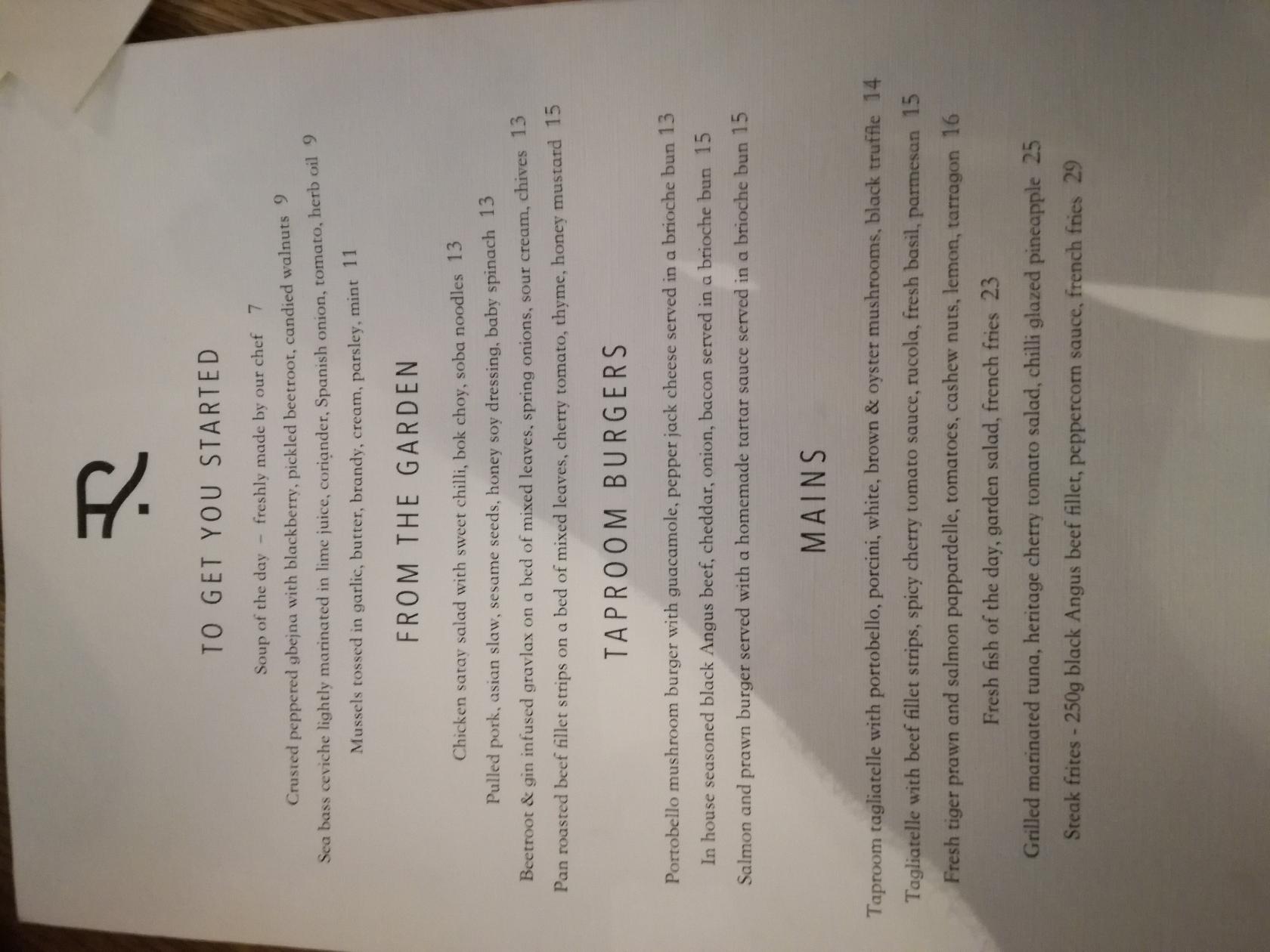 Menu at Taproom Valletta restaurant, Valletta