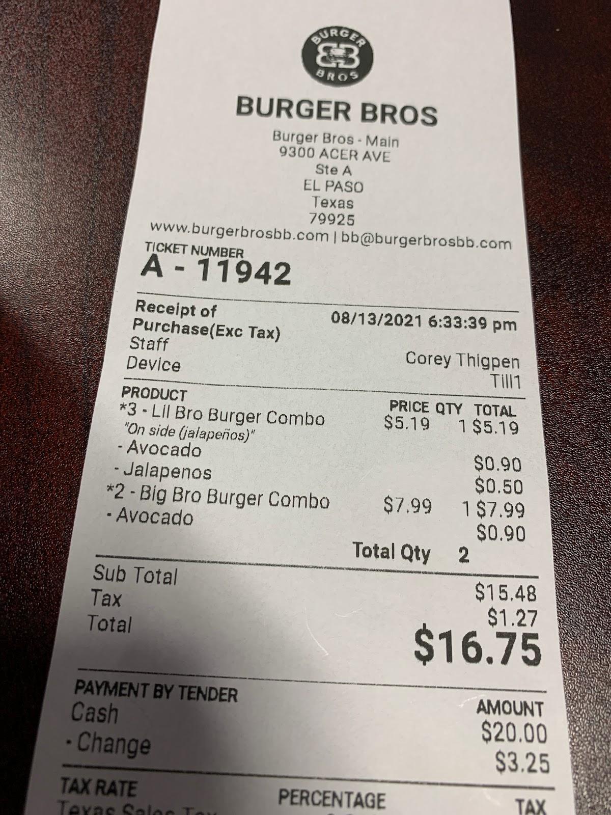 Menu at BURGER BROS restaurant, El Paso
