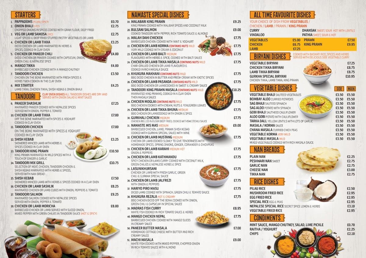 Menu at Namaste Takeaway, Nottingham