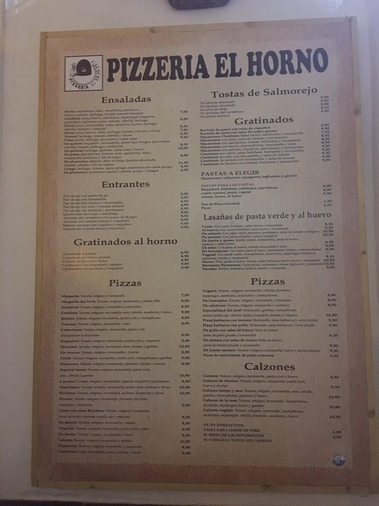 lógica regimiento Ananiver Carta de Pizzería El Horno, Conil de la Frontera, Sauceda 4B