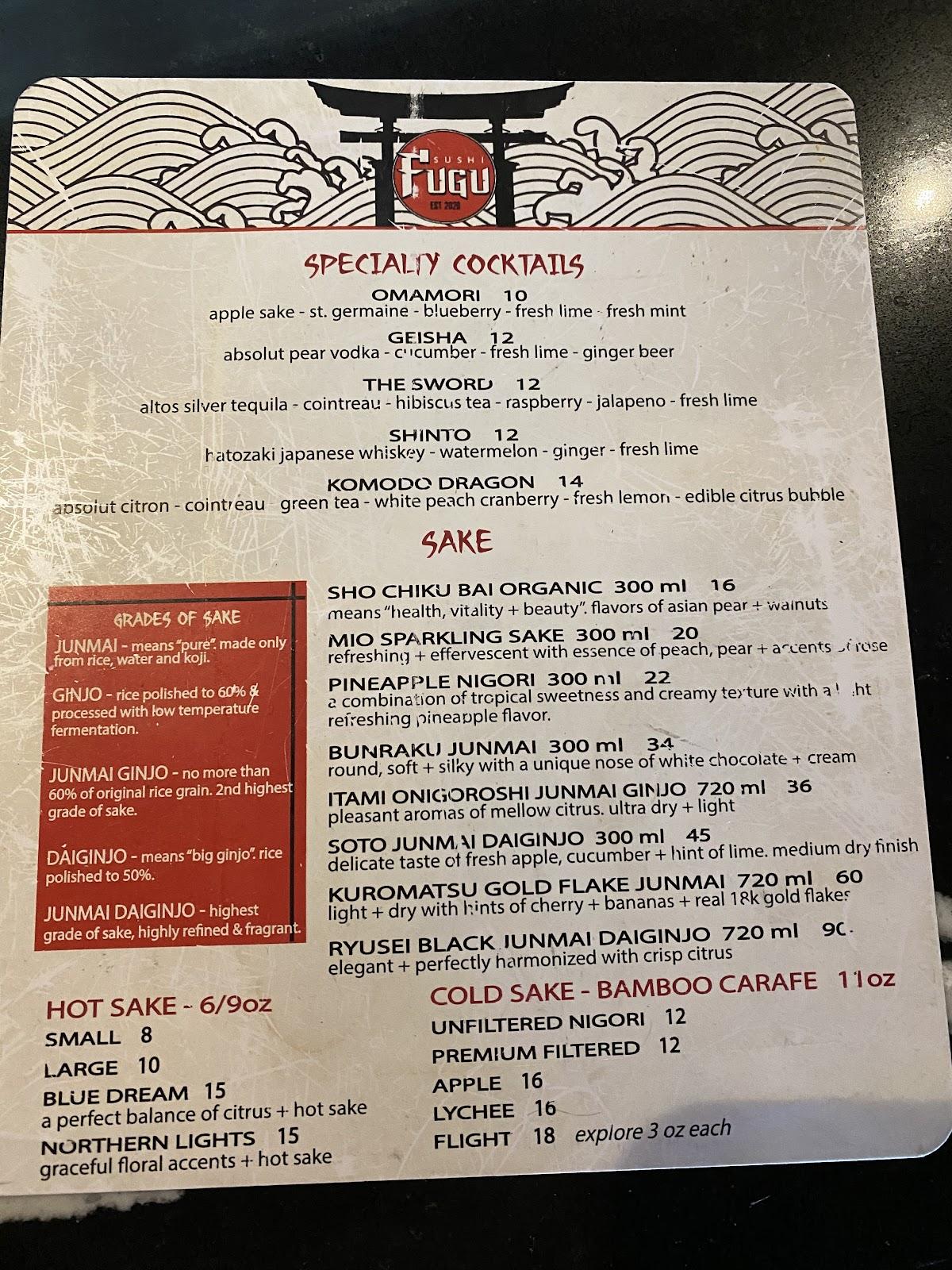 Menu at Fugu Sushi restaurant, Ormond Beach