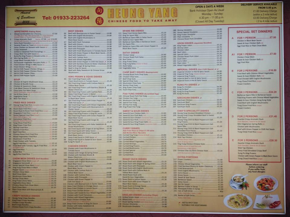 Menu at Heung Yang fast food, Wellingborough