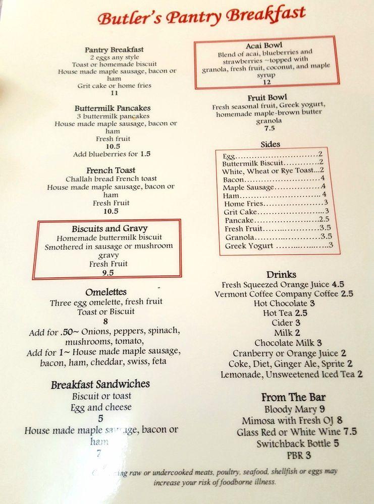 Menu at Butler's Pantry restaurant, Stowe