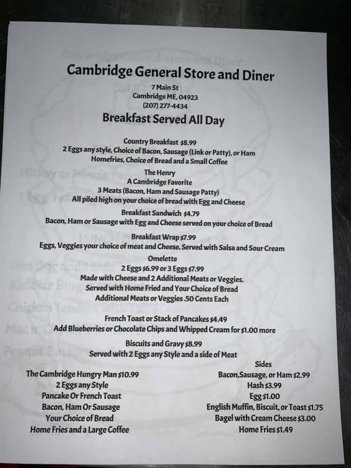 Menu at Cambridge General Store restaurant, Cambridge