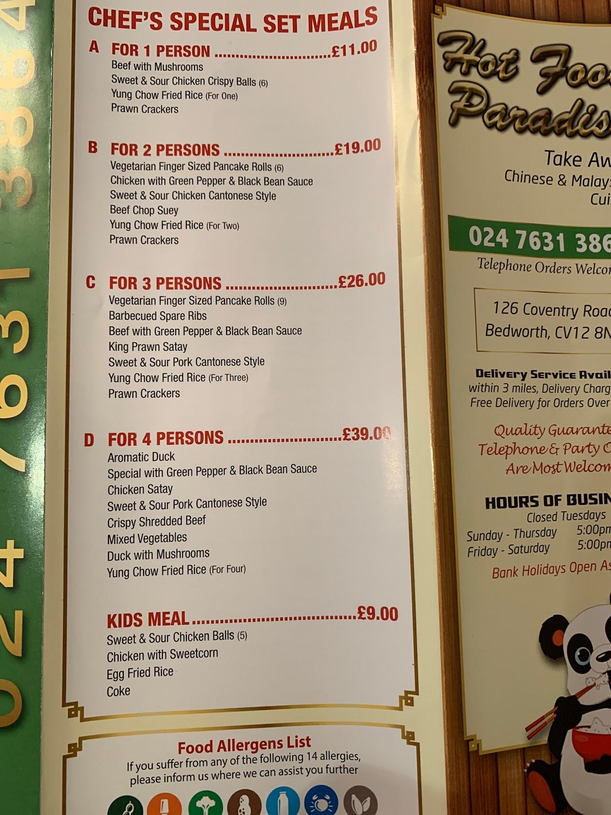 Menu at Hot Food Paradise fast food, Bedworth