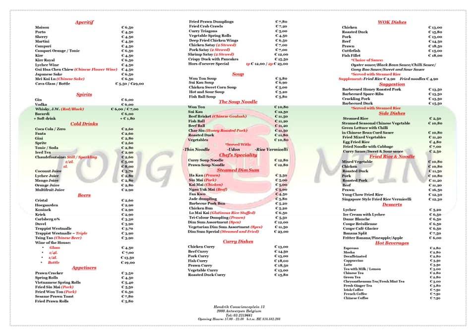 Menu at Tong Mein, Antwerp