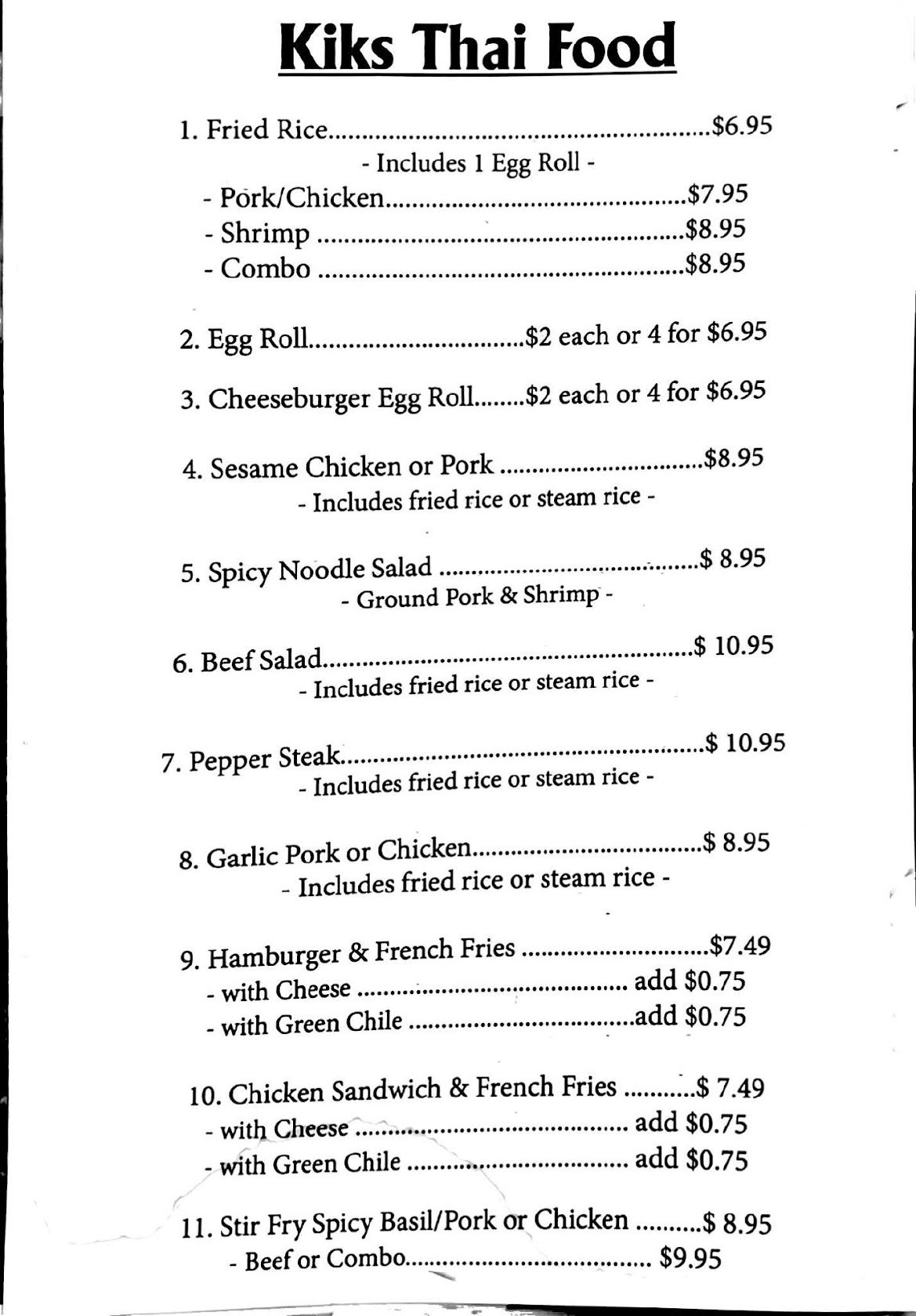 Menu at Kiks Thai Food restaurant, Roswell