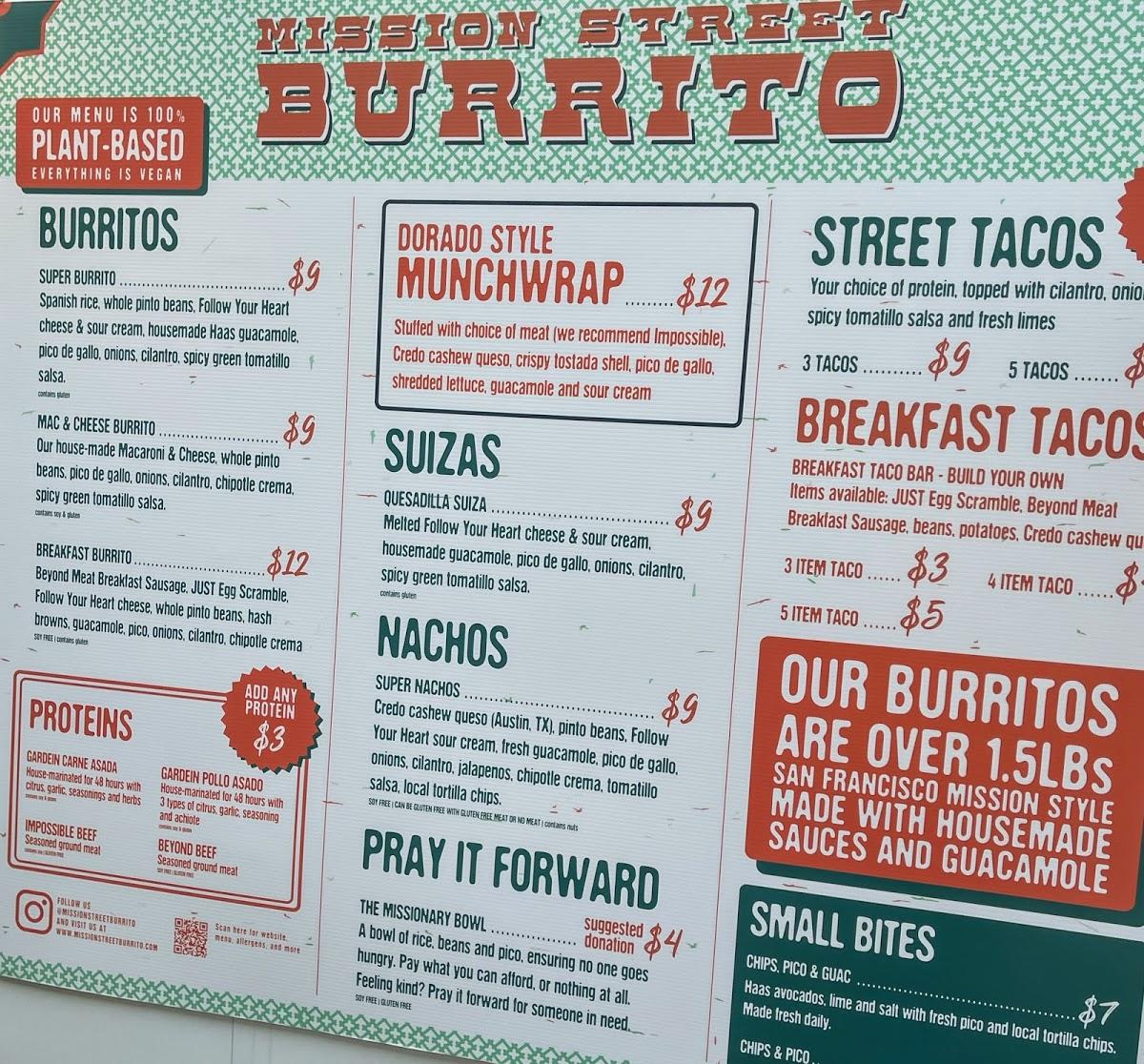 Menu at Mission Street Burrito restaurant, Austin, Harmon Ave