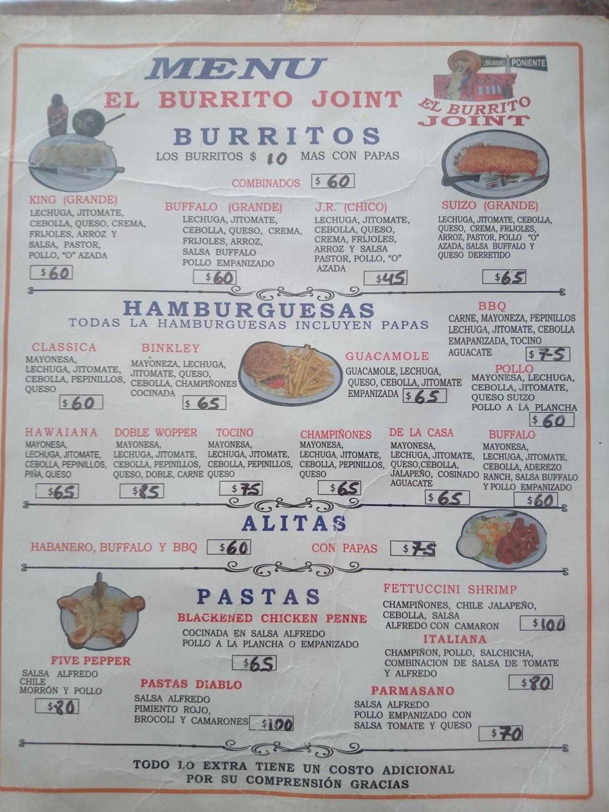 Menu at Burrito Joint pizzeria, San José Iturbide