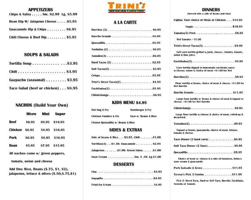 Menu at Trini's Mexican Carryout restaurant, New Baltimore