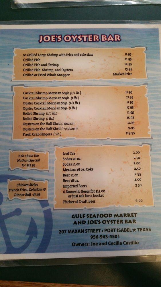 Menu at Joe's Oyster Bar, Port Isabel