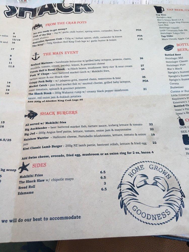 Menu at The Crab Shack restaurant, Auckland