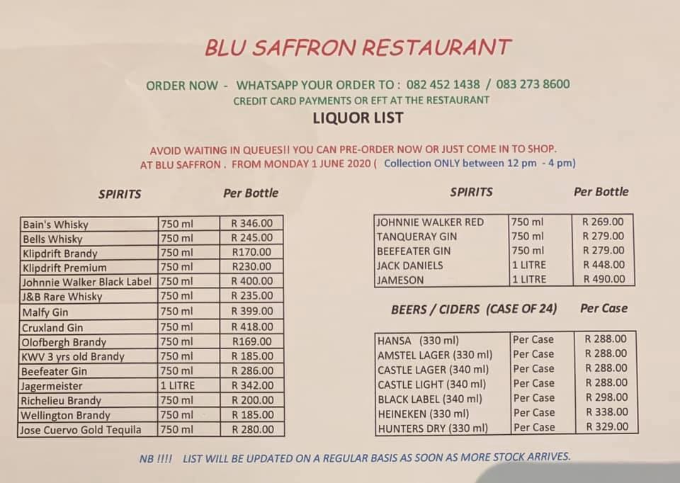 Menu at Blu Saffron restaurant, Pretoria