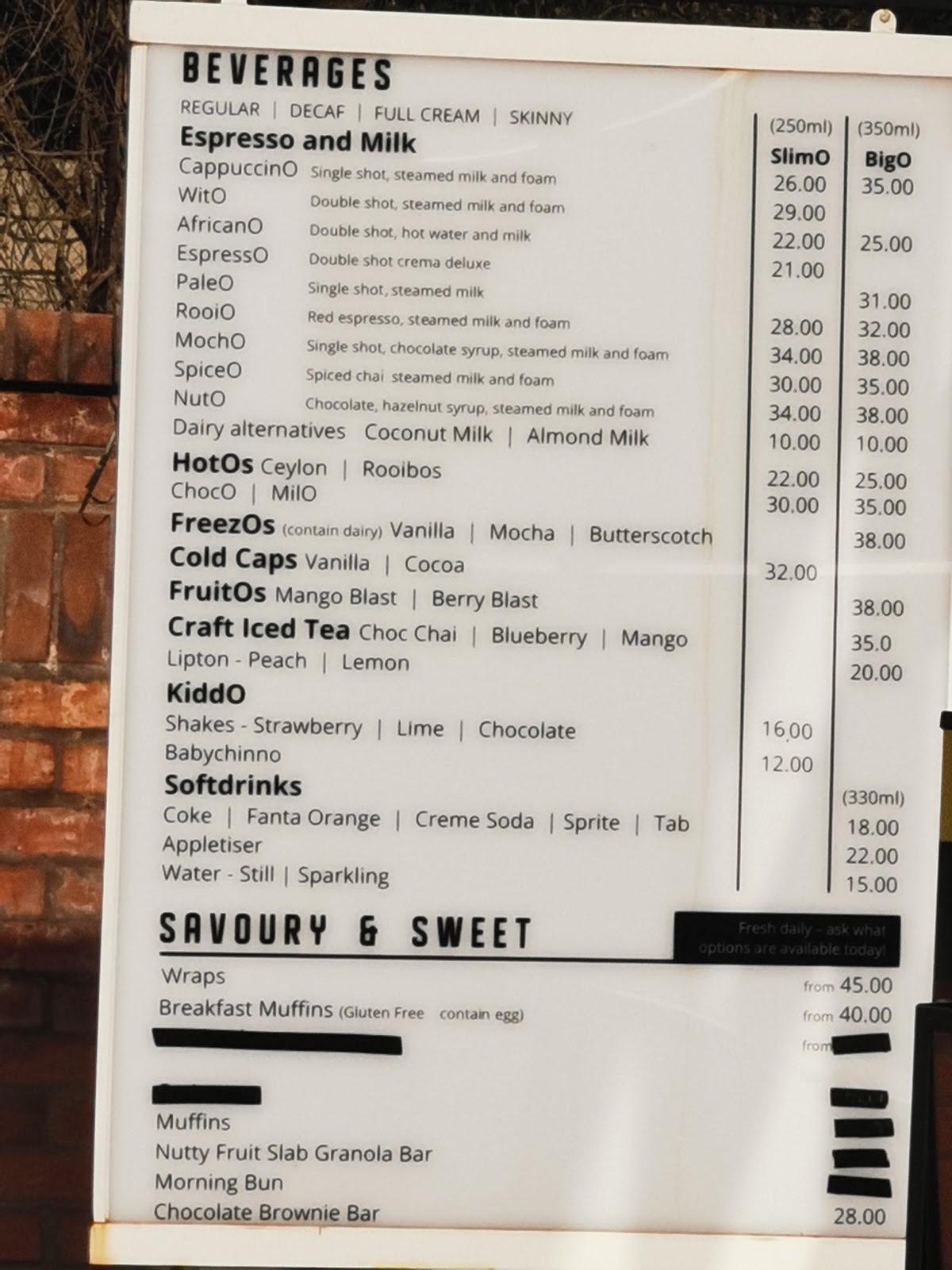 Menu at CoffeeBox Athlone cafe, Pietermaritzburg