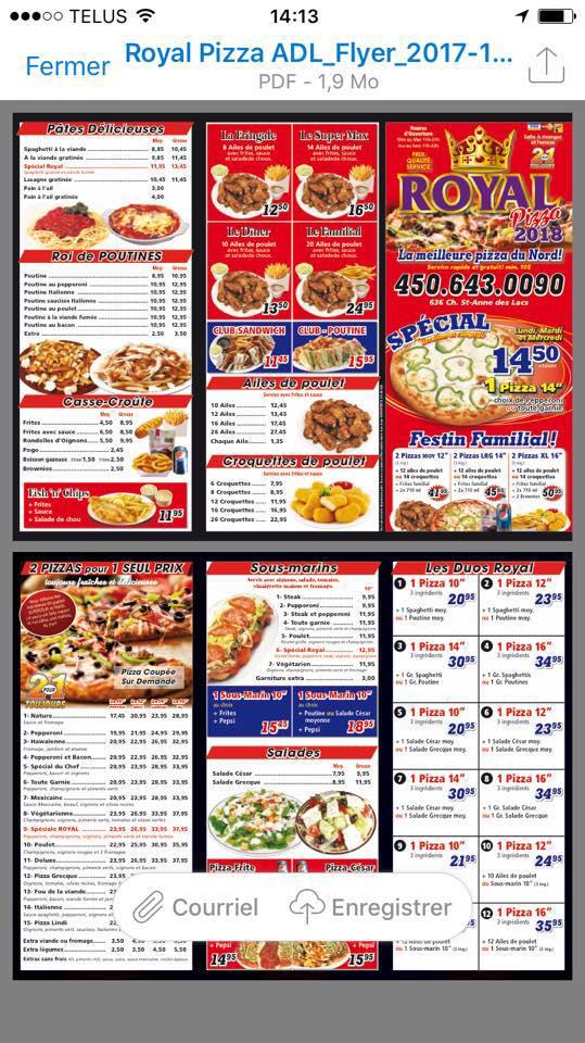Menu au Royal Pizza restaurant, SainteAnnedesLacs