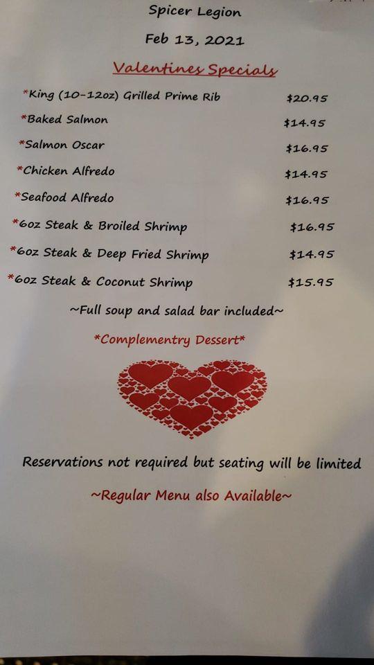 Menu at Spicer American Legion Post 545 pub & bar, Spicer