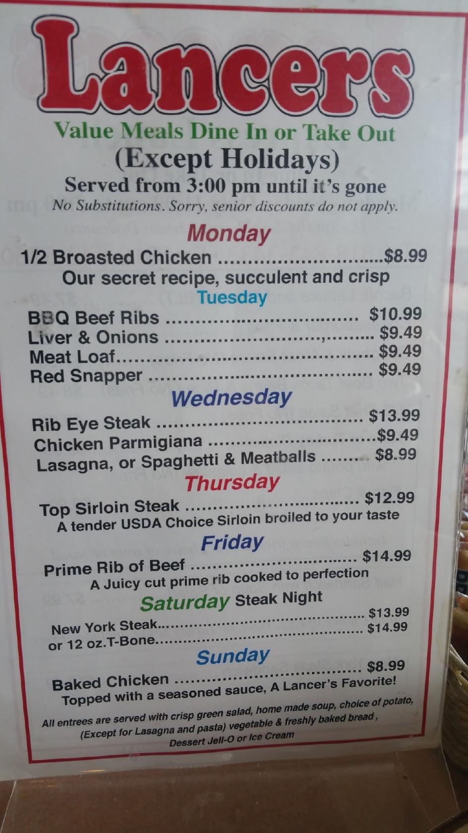 Menu at Lancers Family Restaurant, Burbank