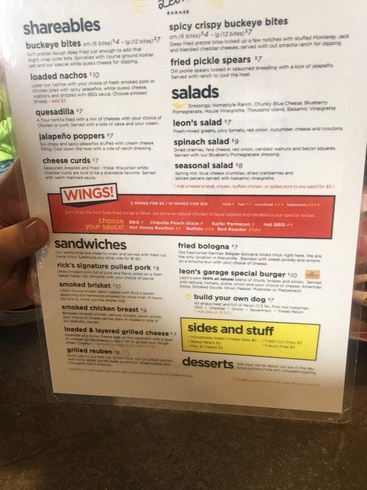 Menu at Leon's Garage pub & bar, Marysville