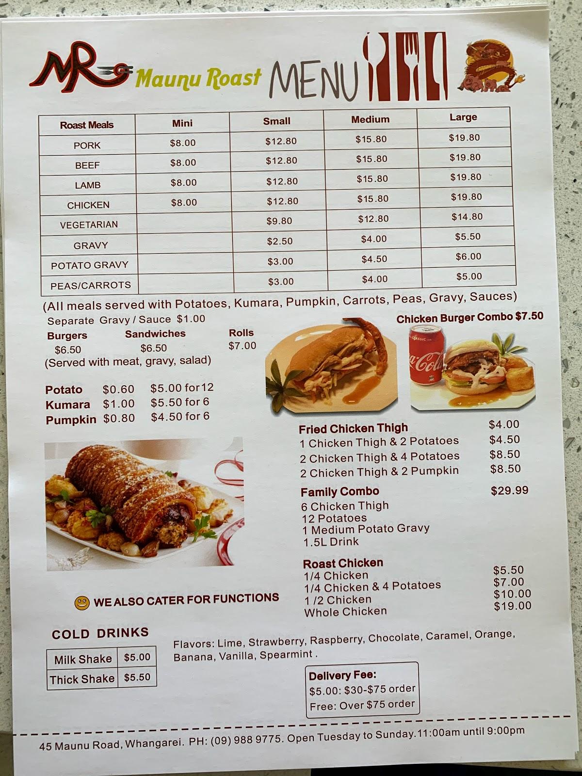 Menu at Maunu Roast Shop restaurant, Whangarei