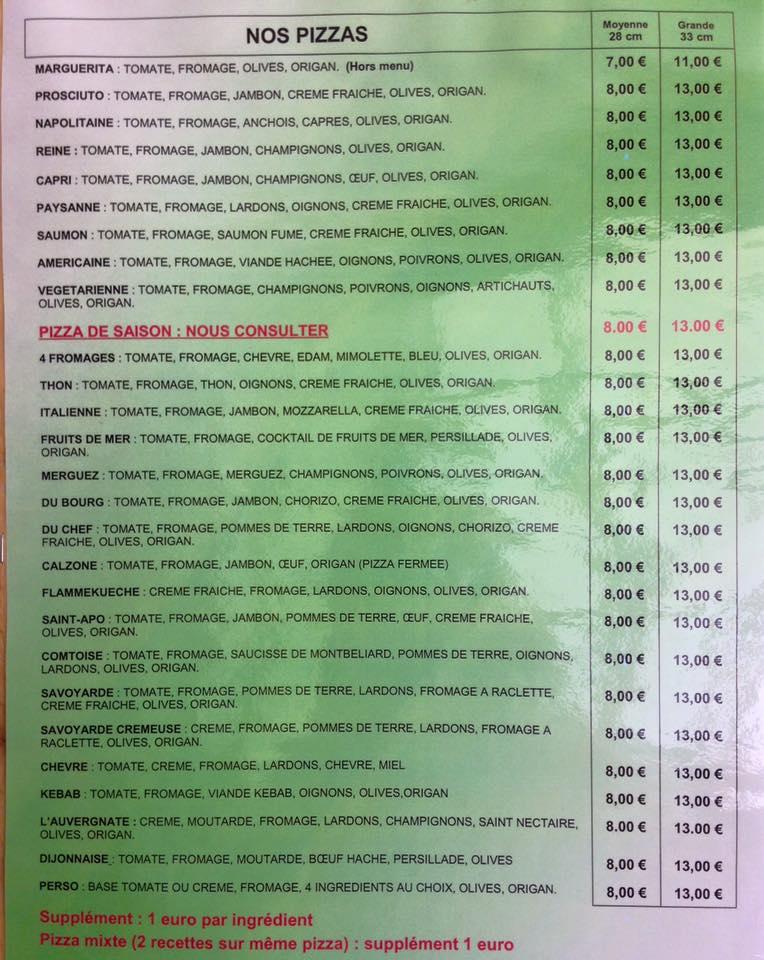 Menu at Pizza du Bourg pizzeria, SaintApollinaire