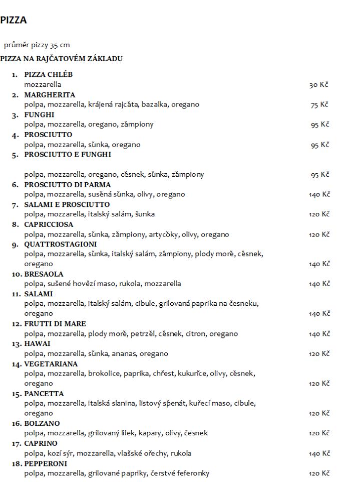 Menu at Prima Pizzerie Jevíčko restaurant, Jevíčko