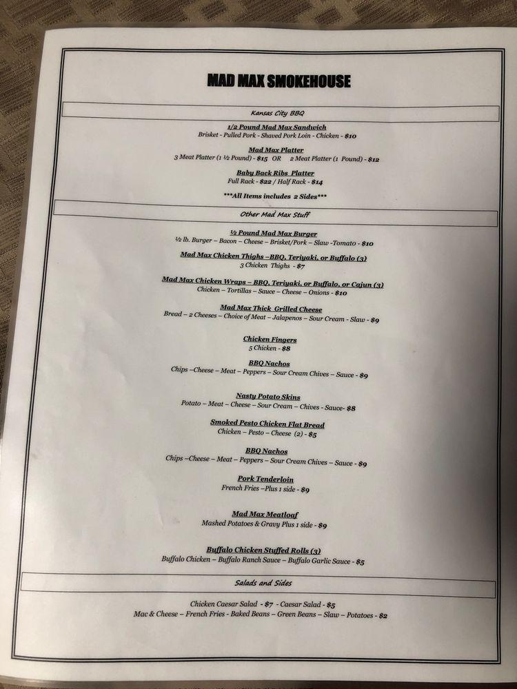 Menu at Mad Max Smokehouse Food Truck BBQ, Zionsville