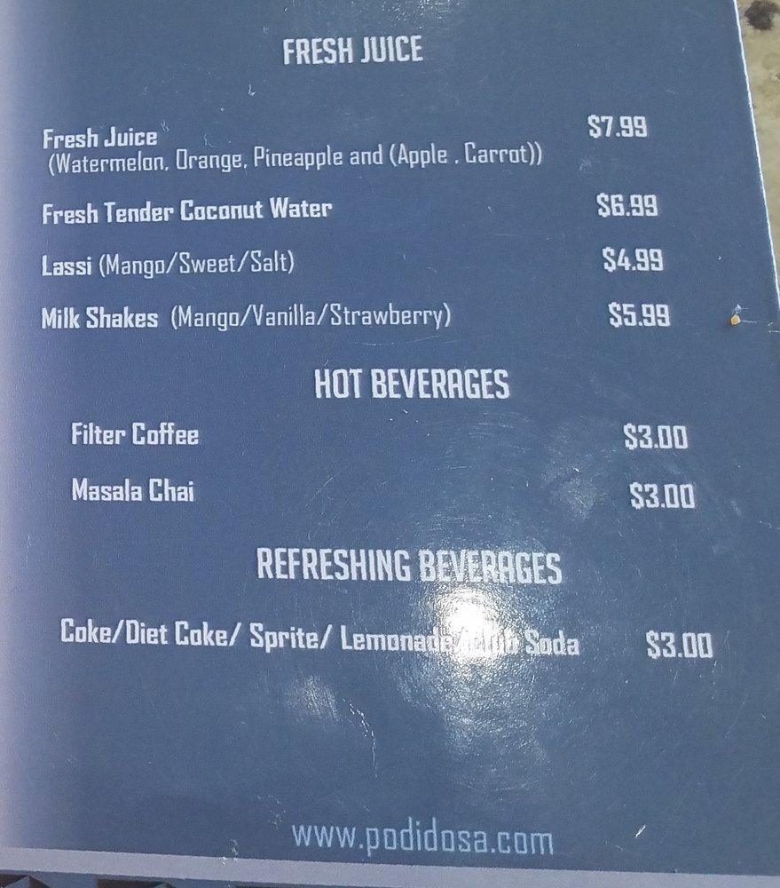 Menu at Podi dosa restaurant, Artesia
