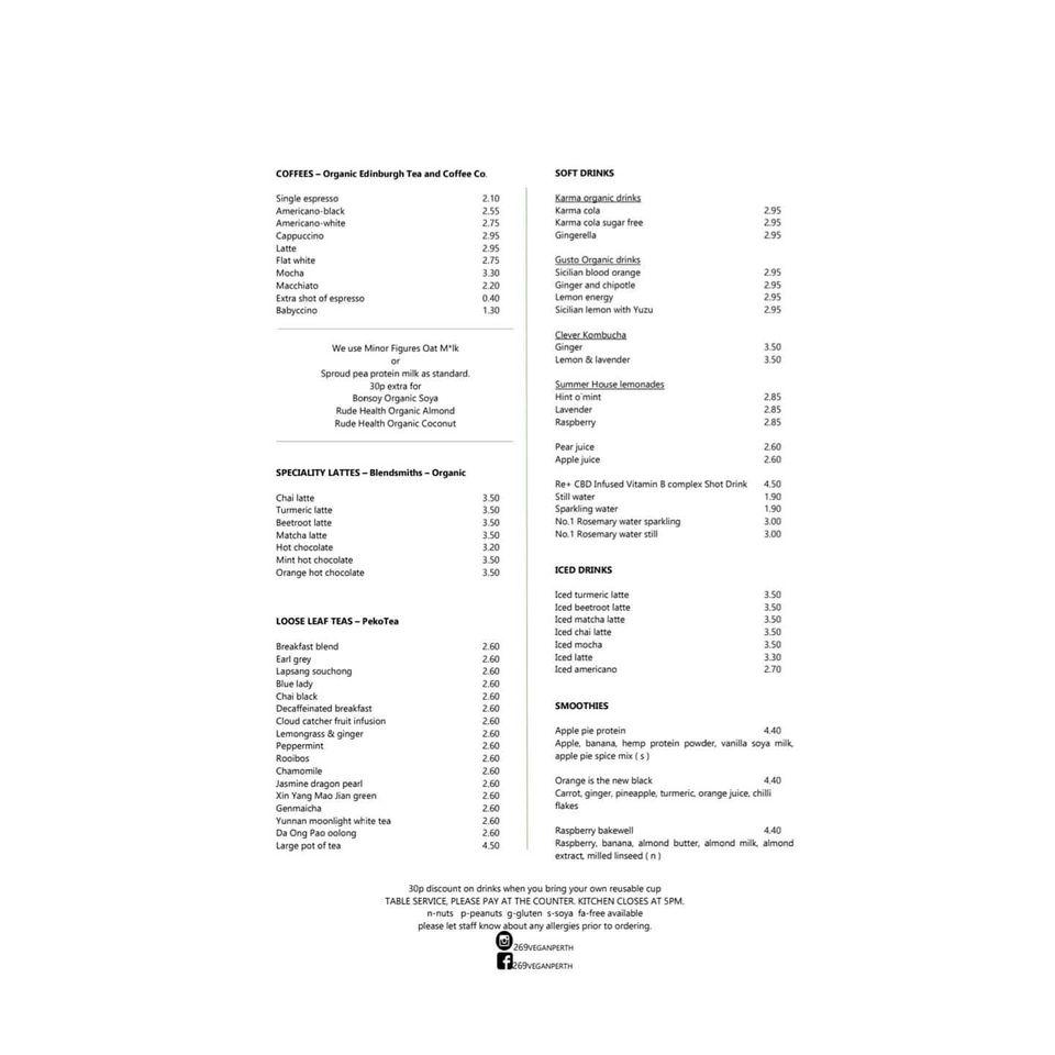 Menu at 269 Vegan Baking Section restaurant, Perth