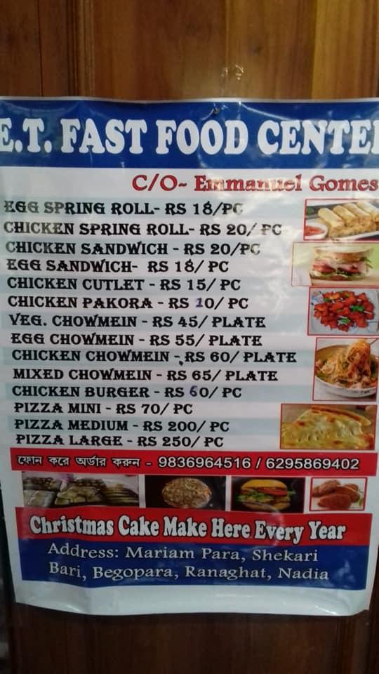 E.T. fast food and bakery menu